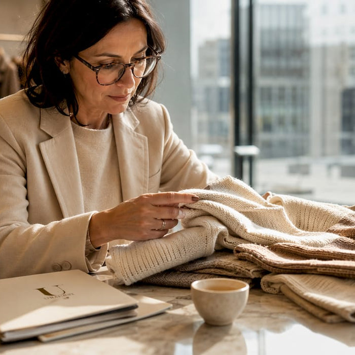 Buyer examining luxury knitwear fibers