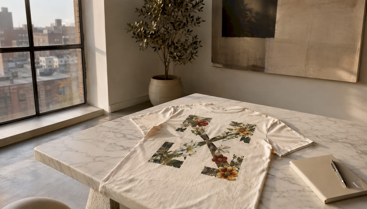 Close-up of Off-White Flower Arrow T-shirt fabric and graphic