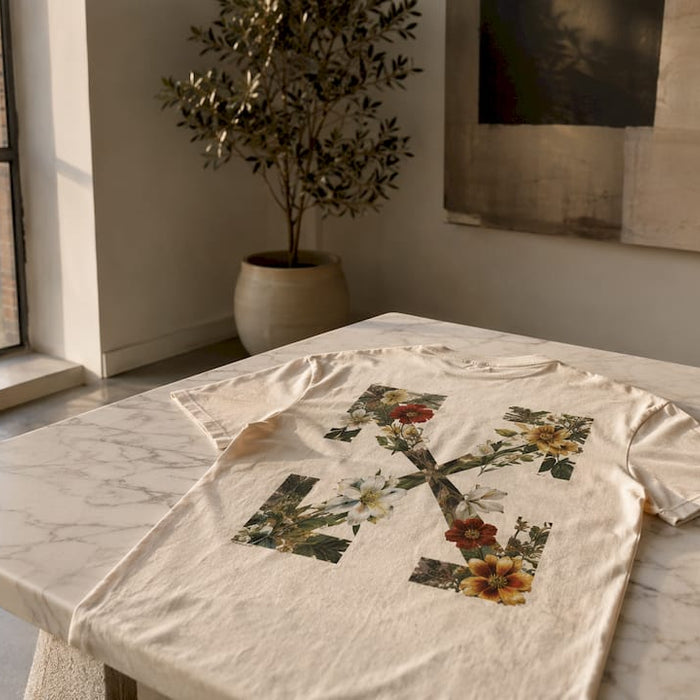 Close-up of Off-White Flower Arrow T-shirt fabric and graphic