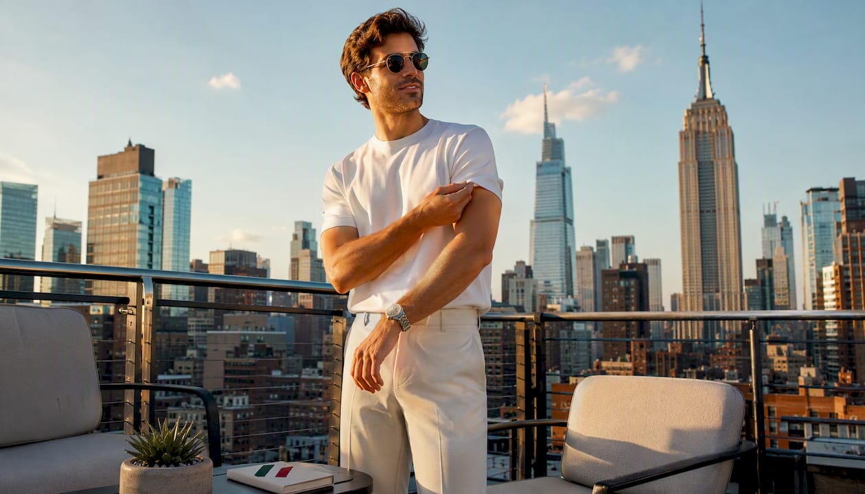 Man wearing minimalist white T-shirt indoors