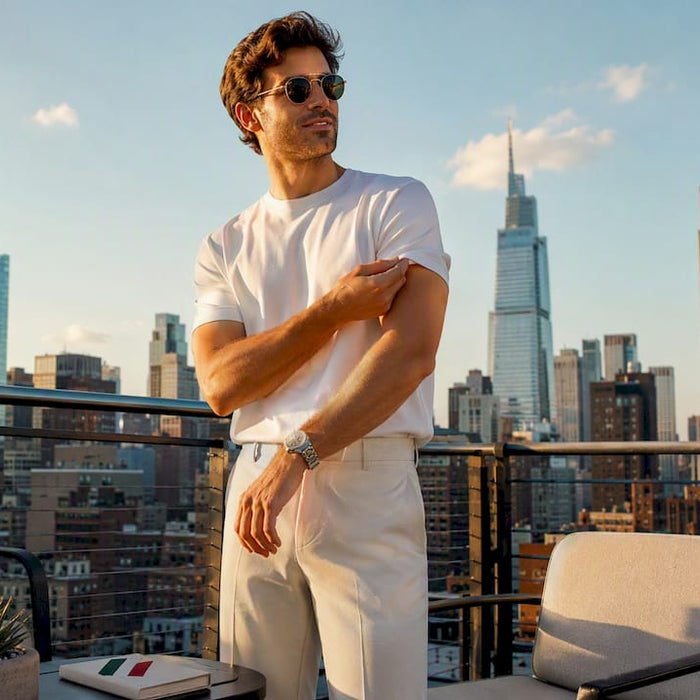 Man wearing minimalist white T-shirt indoors