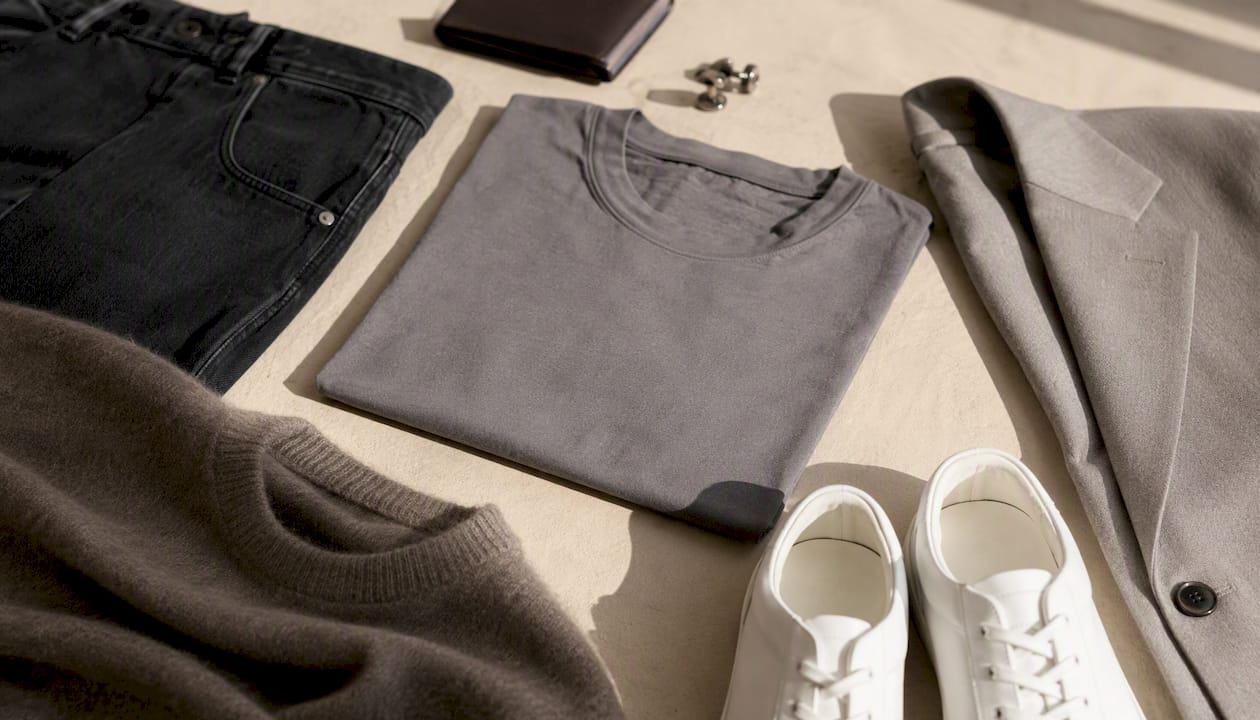 Flat lay of men's designer wardrobe essentials