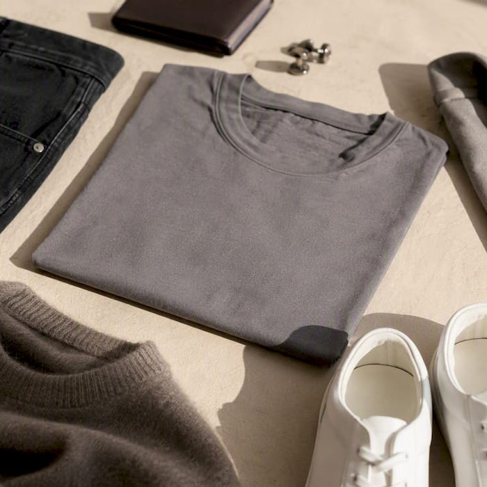 Flat lay of men's designer wardrobe essentials