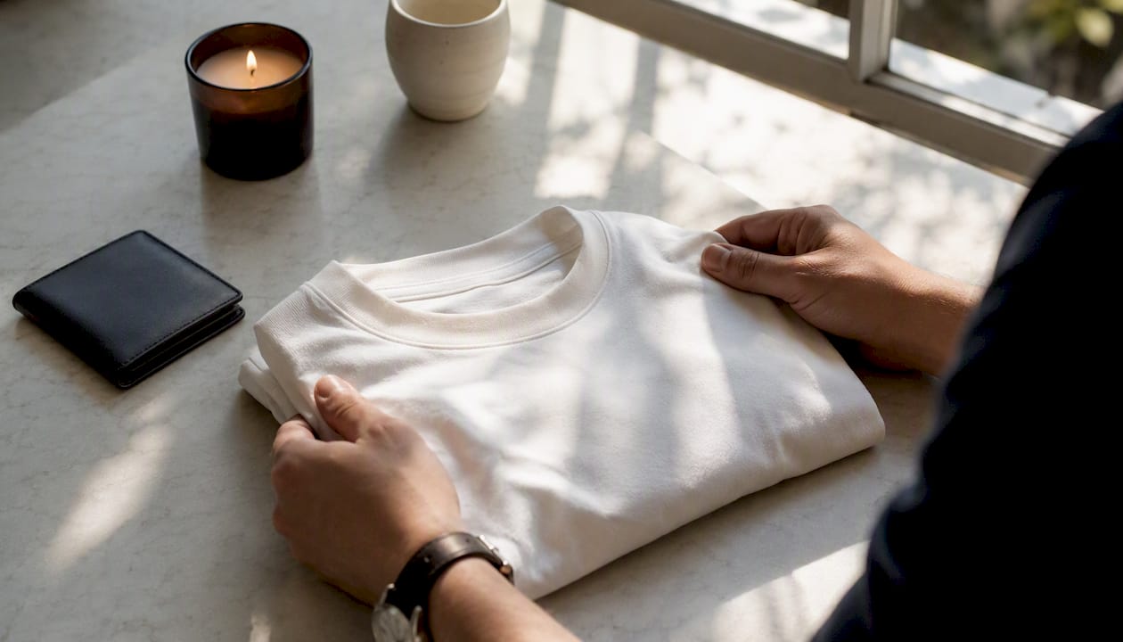 Hands folding white luxury Italian T-shirt