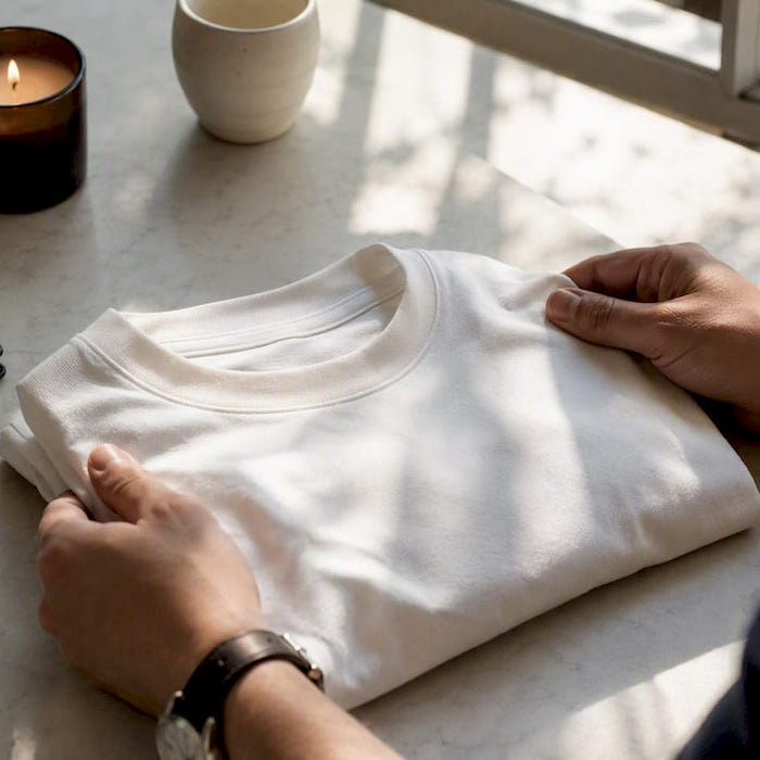 Hands folding white luxury Italian T-shirt