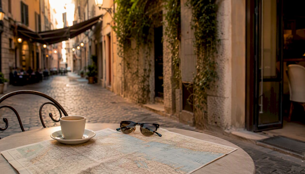 Italian street cafe scene with espresso and map