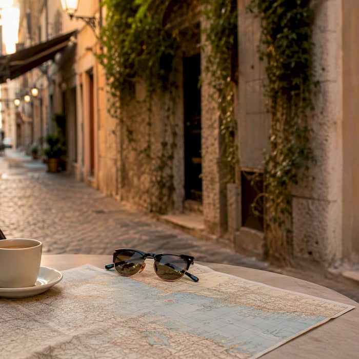 Italian street cafe scene with espresso and map