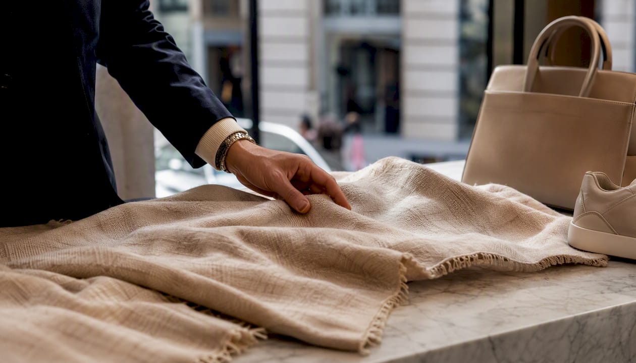 Hand touching Italian fabric and accessories