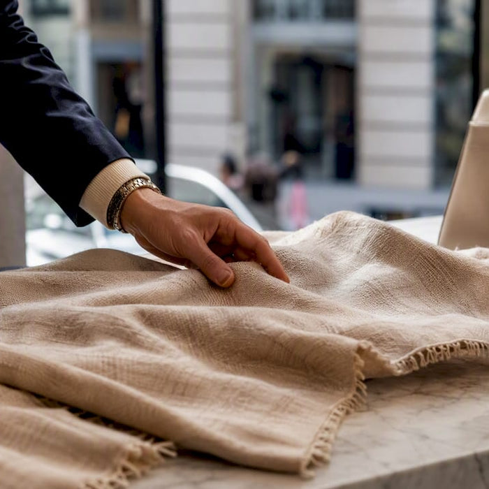 Hand touching Italian fabric and accessories