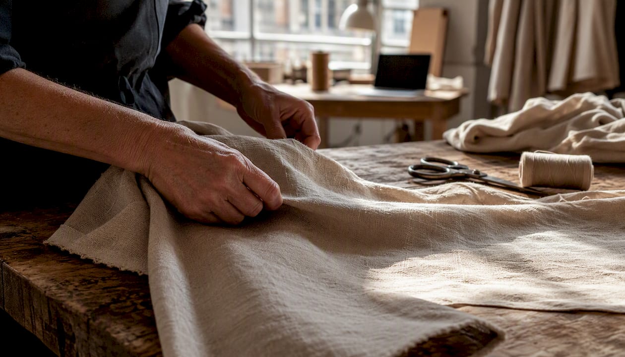 Hands smoothing Italian linen fabric on table