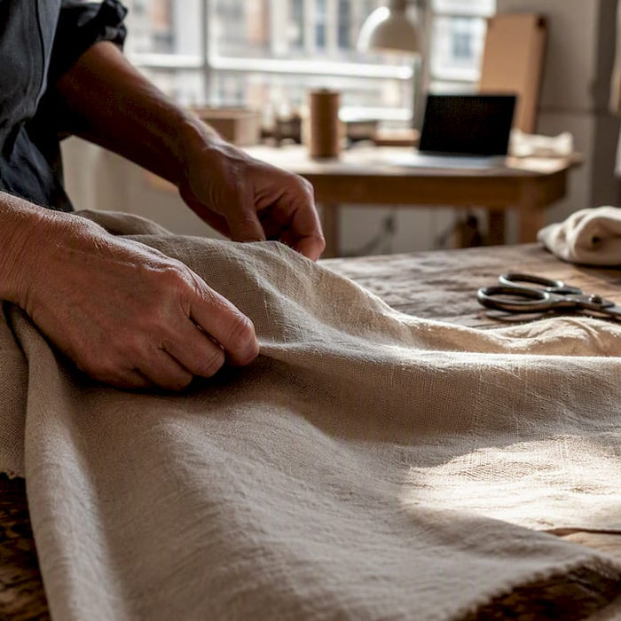 Hands smoothing Italian linen fabric on table