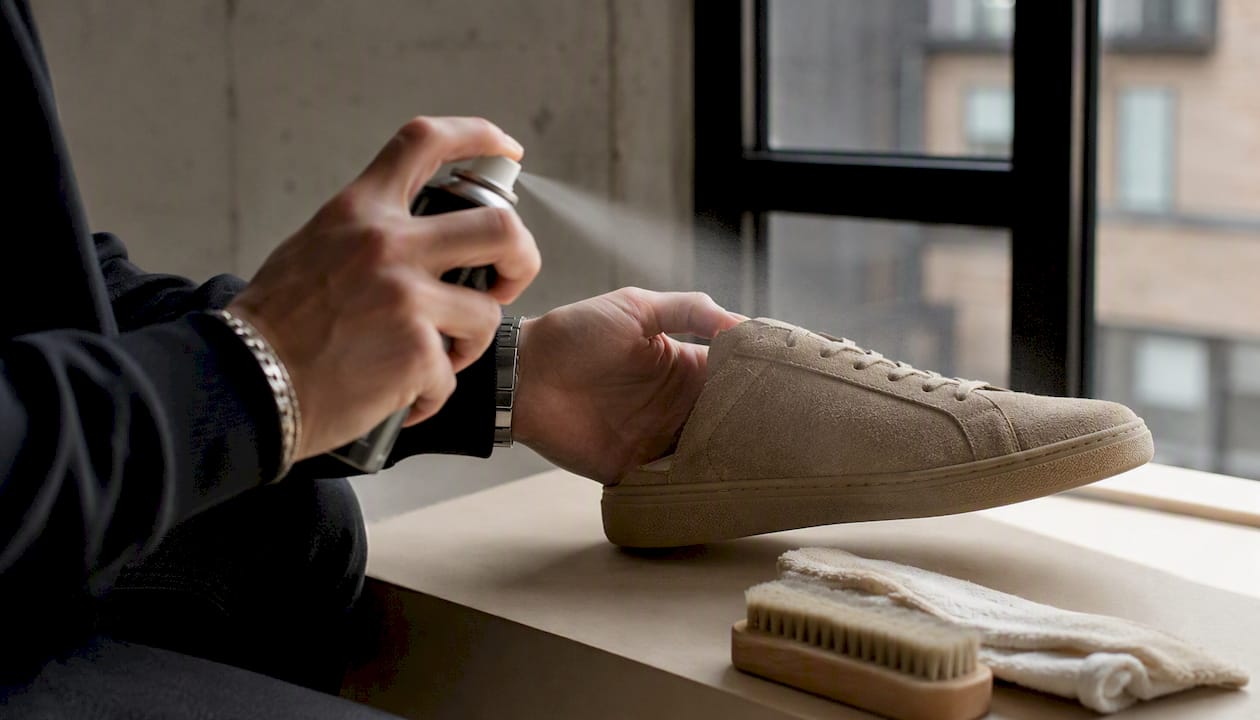 Hands spraying suede sneaker with protector