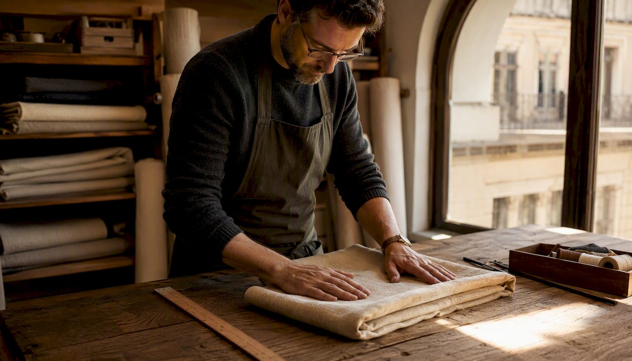 Artisan inspecting linen fabric weave