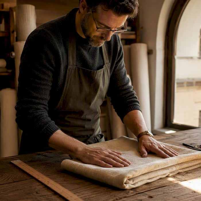 Artisan inspecting linen fabric weave