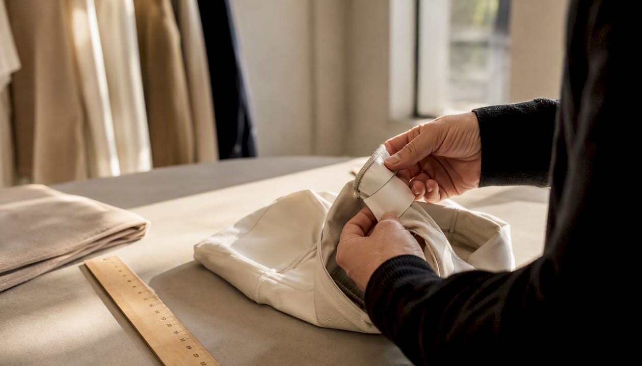Hands inspecting fashion garment label closely