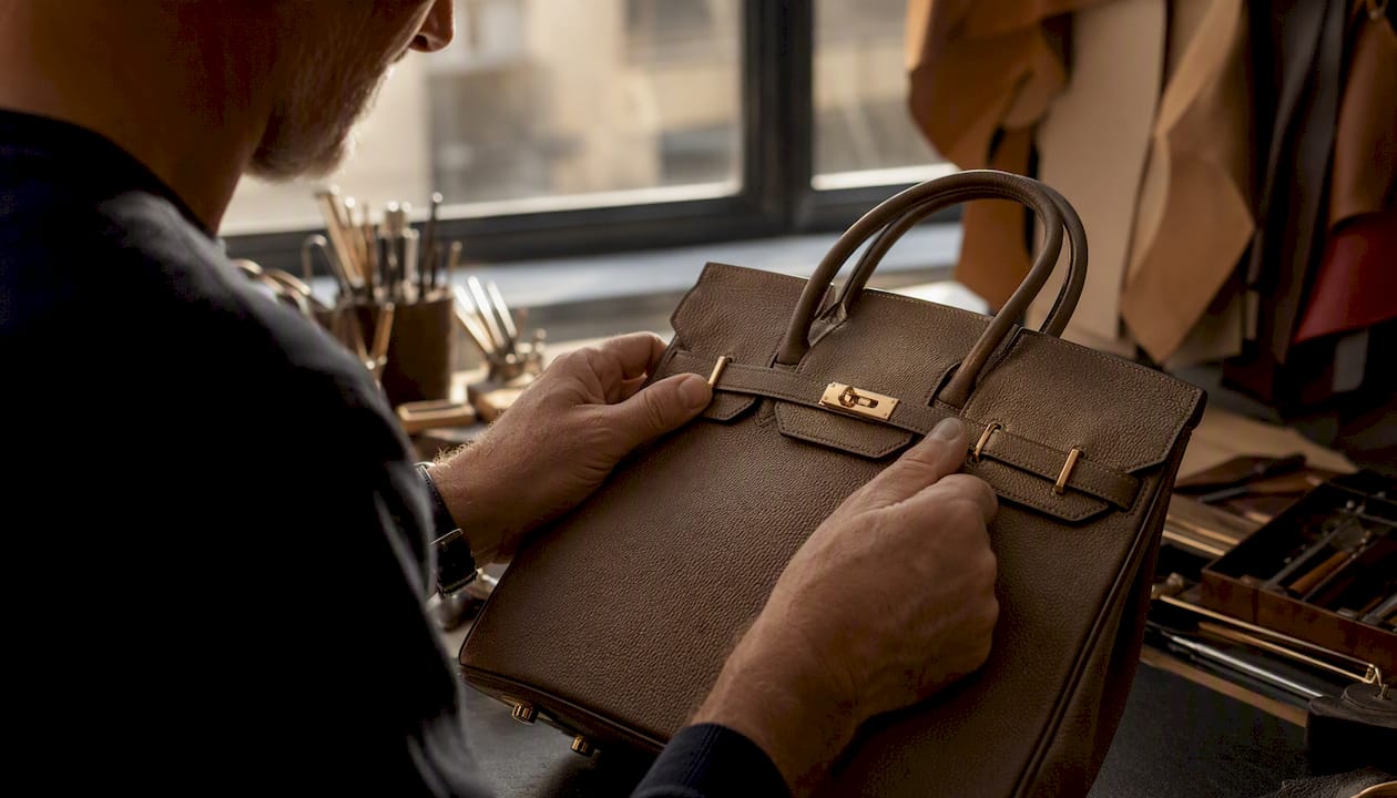 Hands inspecting leather handbag details