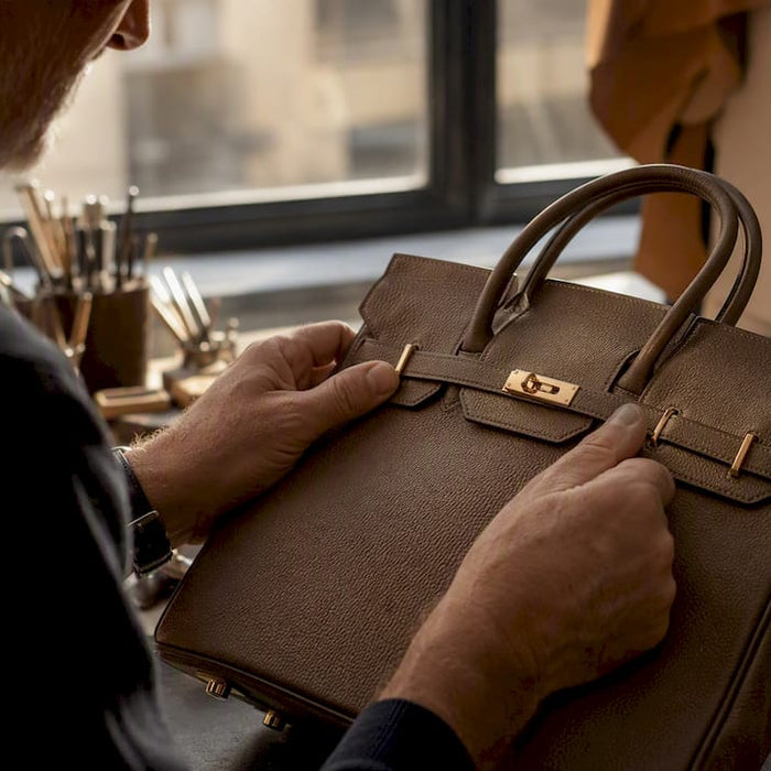 Hands inspecting leather handbag details