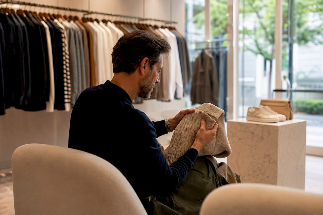 Hands inspecting garment stitching and fabric texture