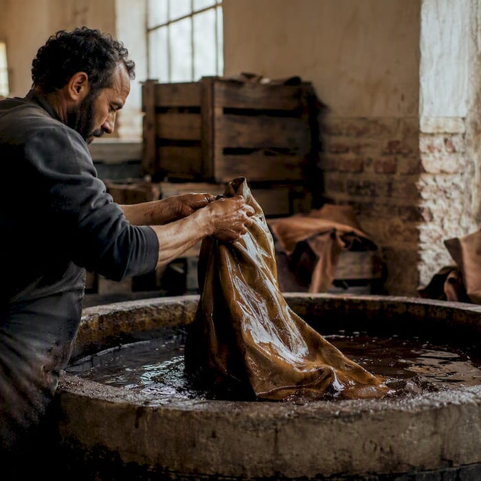 Hands dipping leather in vegetable tanning vat