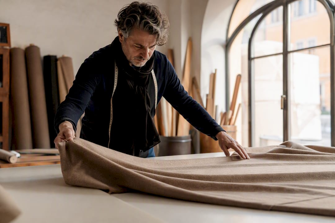 Hands sewing premium jacket in Milan atelier