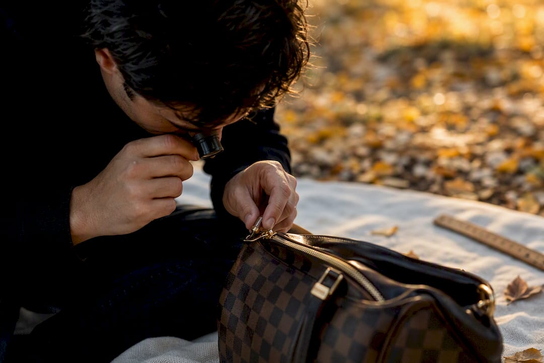Hands inspecting designer handbag hardware detail