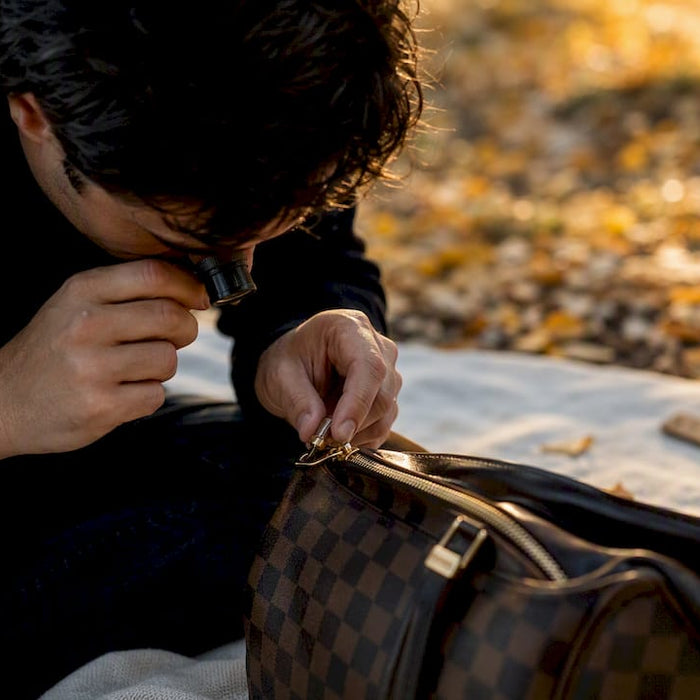 Hands inspecting designer handbag hardware detail