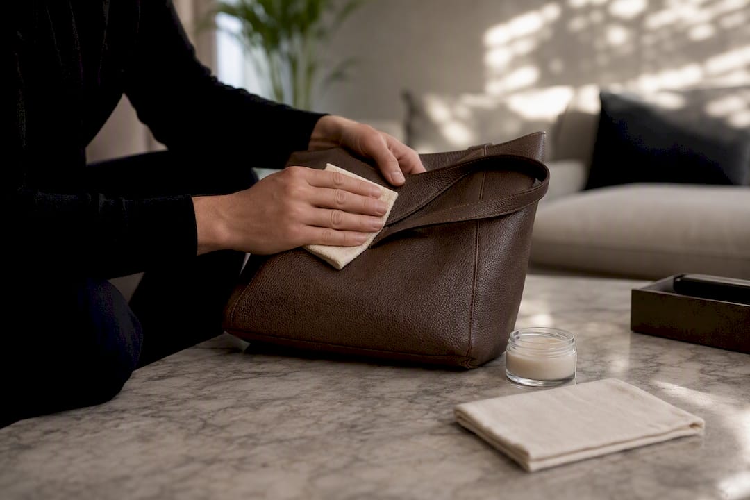 Hands wiping leather bag with microfiber cloth