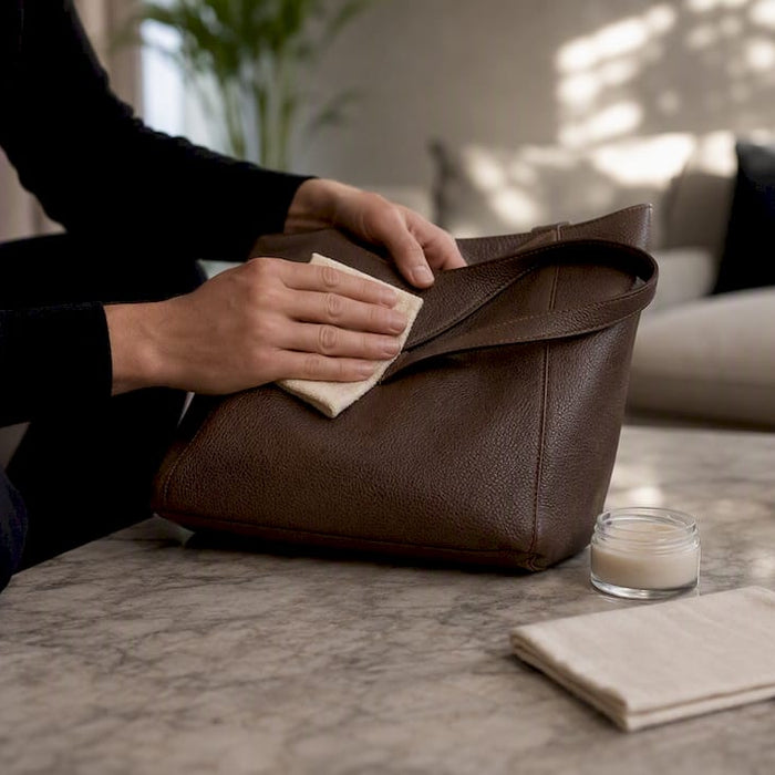 Hands wiping leather bag with microfiber cloth