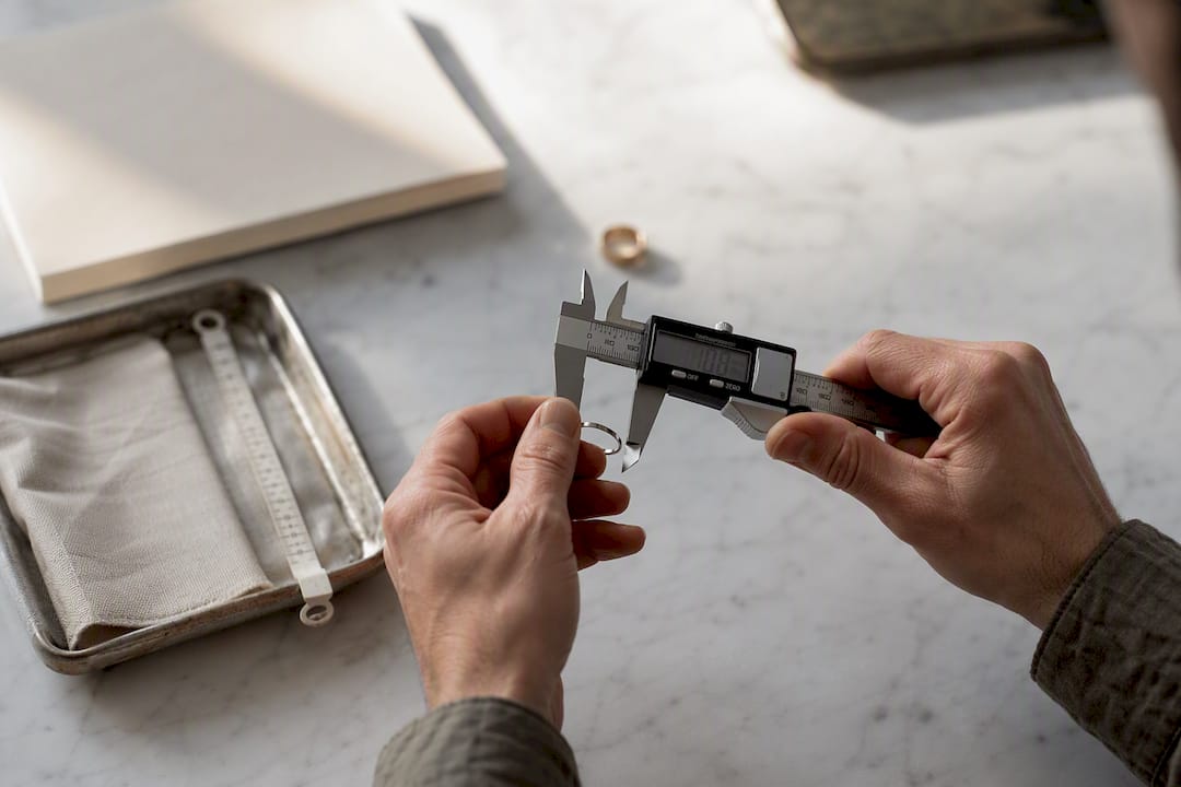 Hands measuring ring diameter with caliper