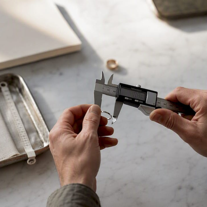 Hands measuring ring diameter with caliper