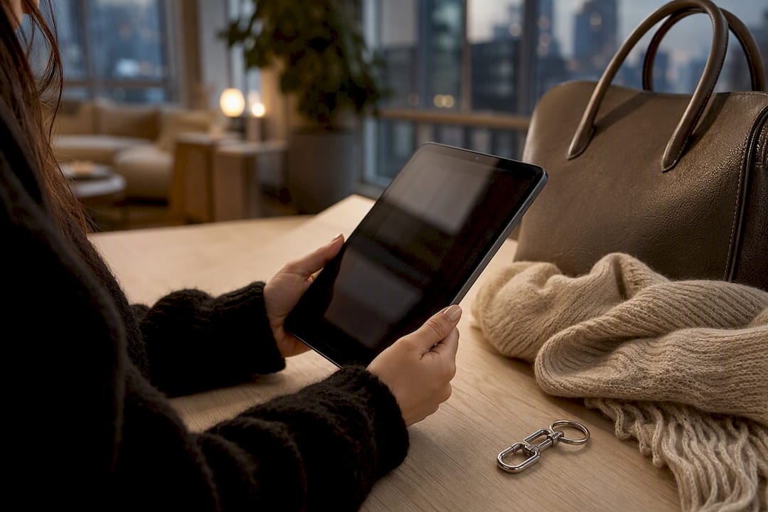 Hands holding tablet with blurred luxury bag detail