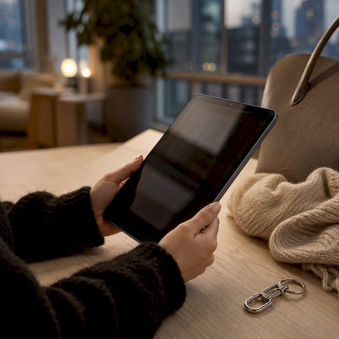 Hands holding tablet with blurred luxury bag detail