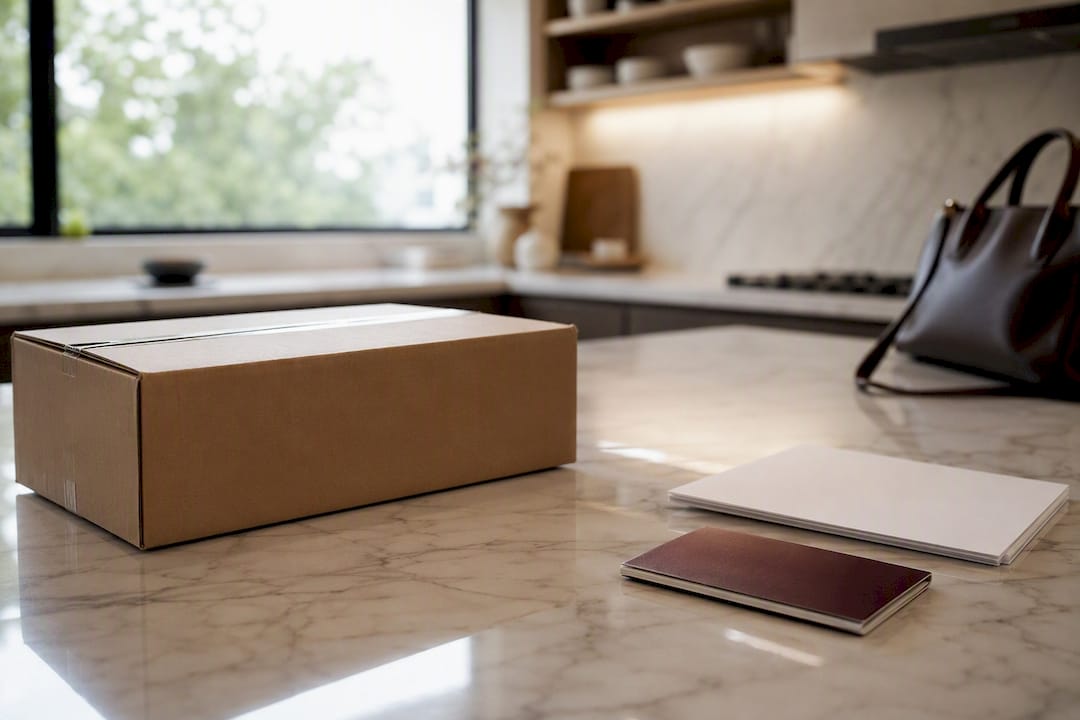 Parcel with customs documents on table