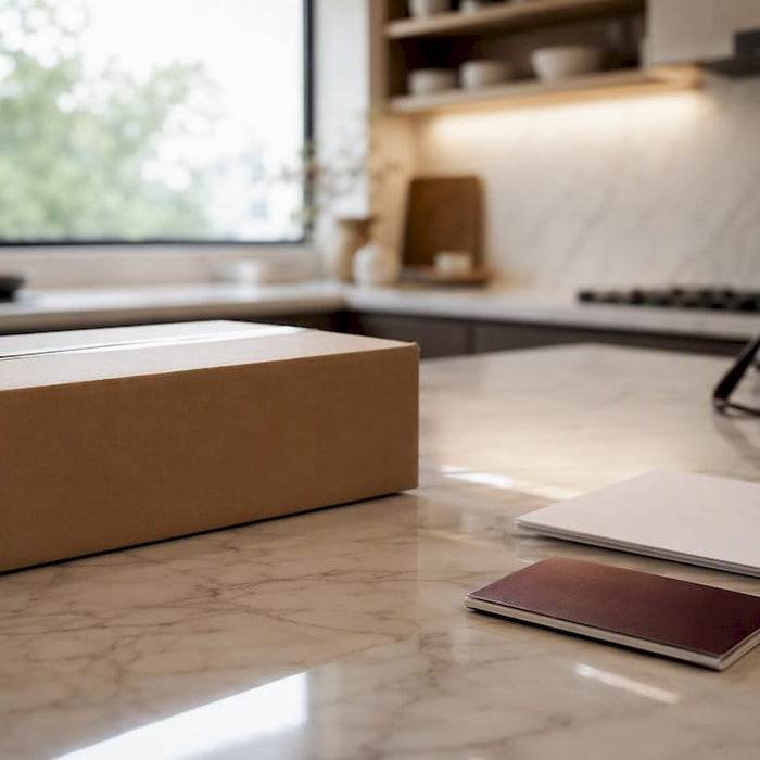 Parcel with customs documents on table
