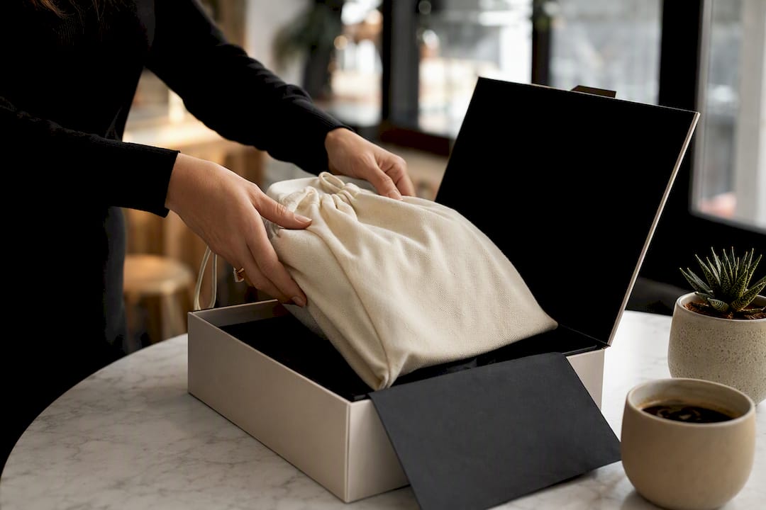 Hands packing luxury item for delivery