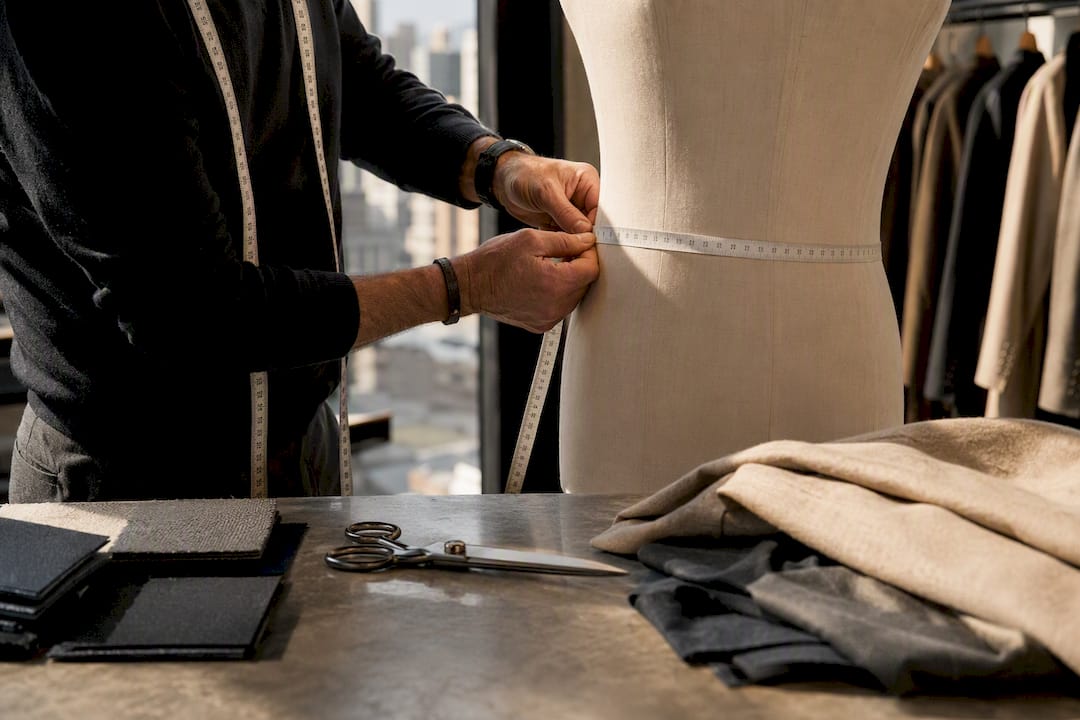 Hands measuring mannequin chest with tape