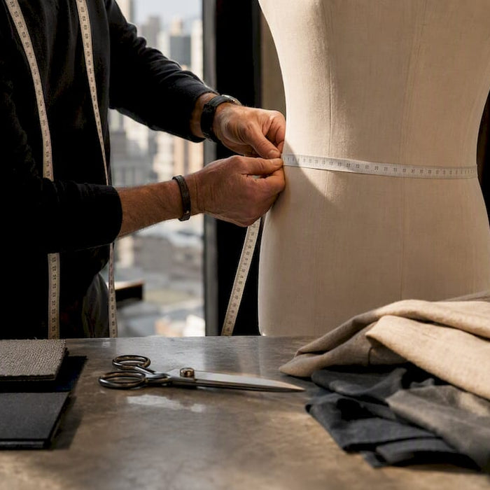Hands measuring mannequin chest with tape