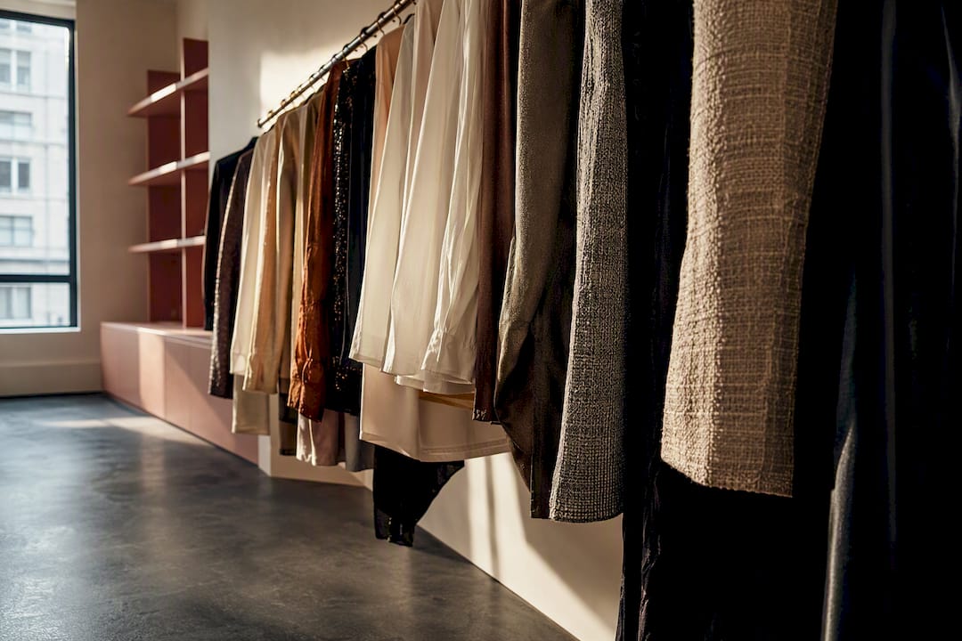 Anonymous designer garments in Milan stockroom