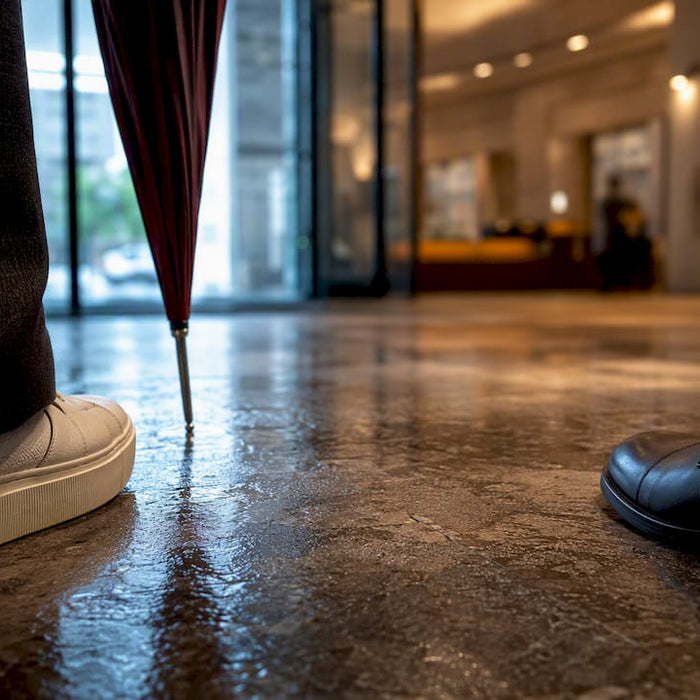 Anonymous footwear details at office lobby entrance