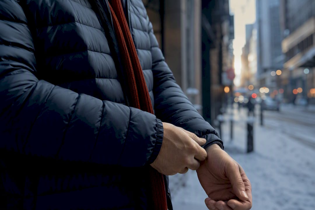 Commuter adjusting insulated jacket in snow