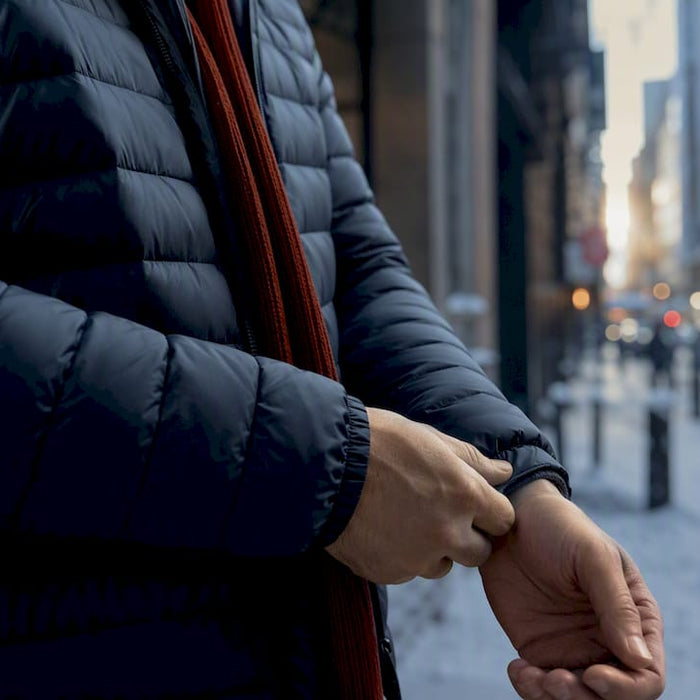Commuter adjusting insulated jacket in snow