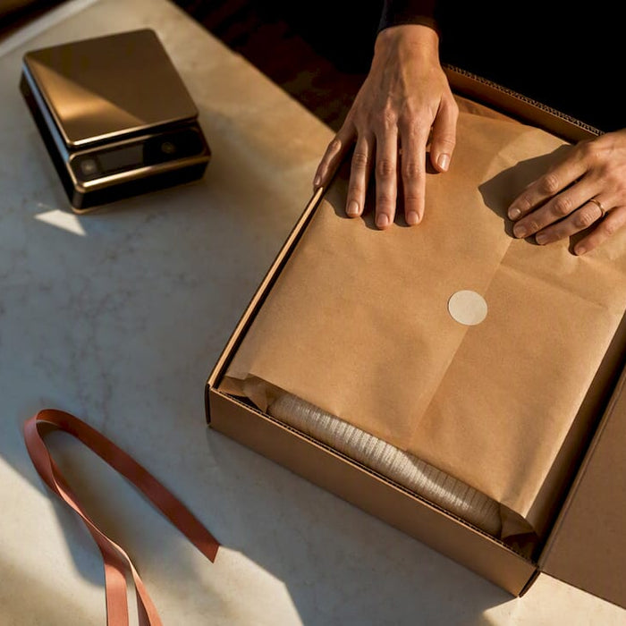 Anonymous luxury fashion parcel at customs-ready table