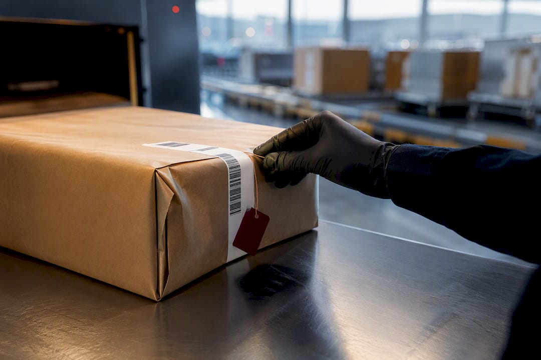 1% Premium: International Shipping Insurance for Luxury Retailers protects a high-value package as it is labeled and prepared for international shipment in a fulfillment warehouse.