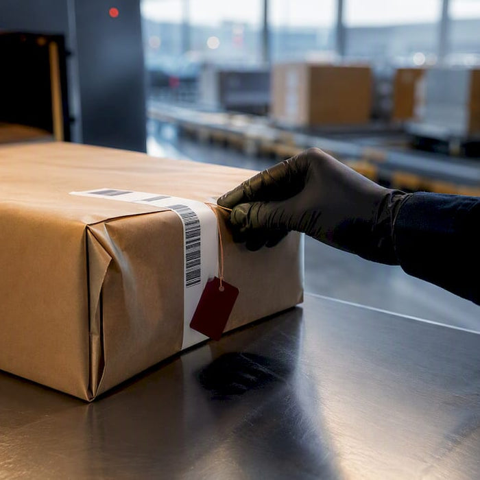 1% Premium: International Shipping Insurance for Luxury Retailers protects a high-value package as it is labeled and prepared for international shipment in a fulfillment warehouse.