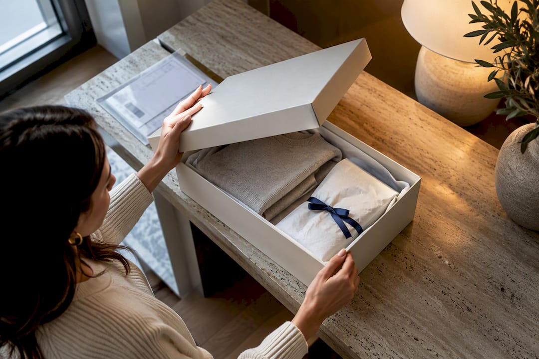 Shopper opening a European fashion parcel