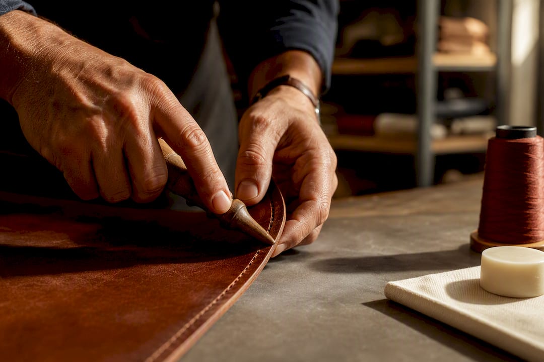 Artisan hand-finishing Italian leather detail