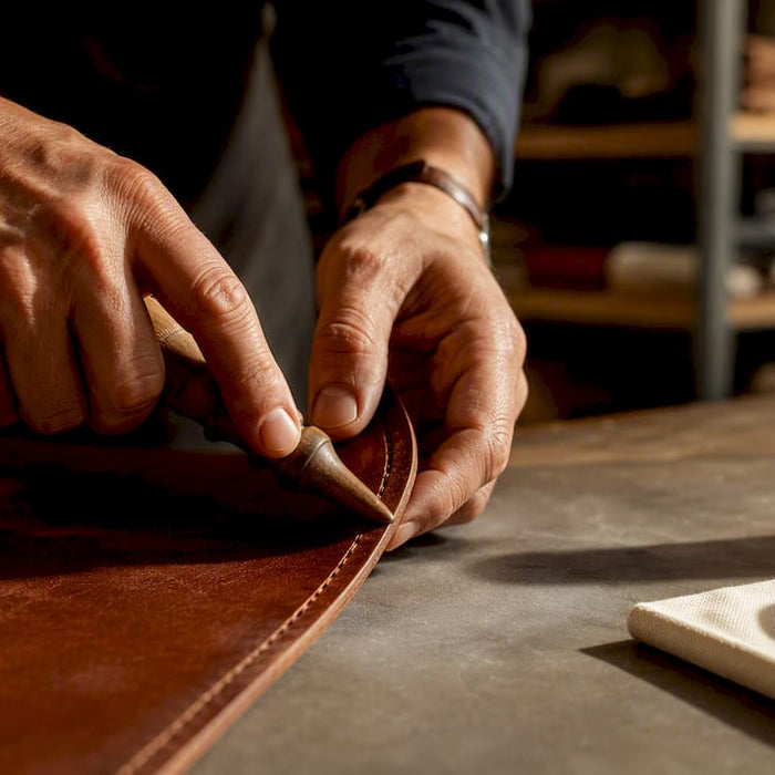 Artisan hand-finishing Italian leather detail