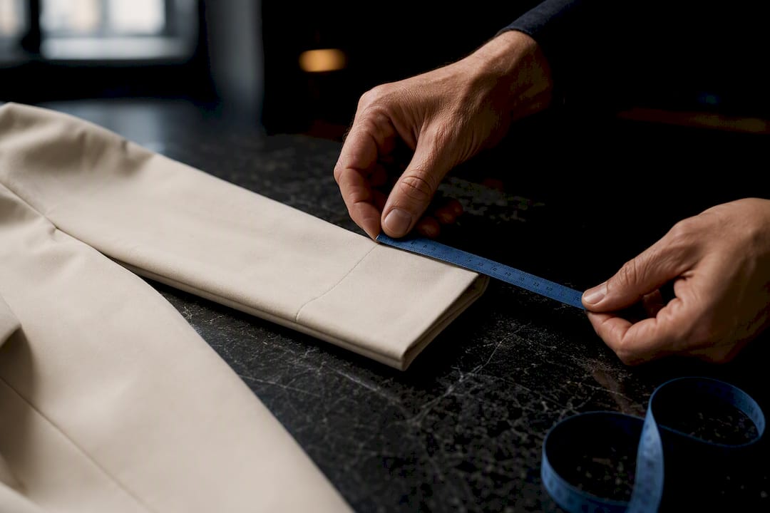Hands measuring an anonymous tailored sleeve