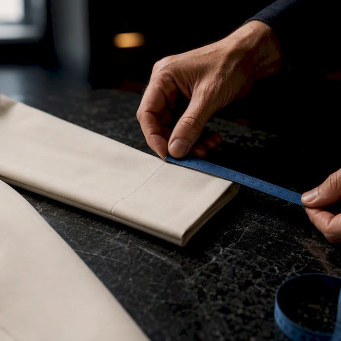 Hands measuring an anonymous tailored sleeve