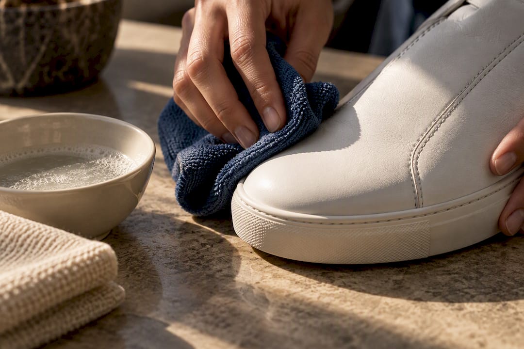 Hands gently cleaning cropped leather sneaker